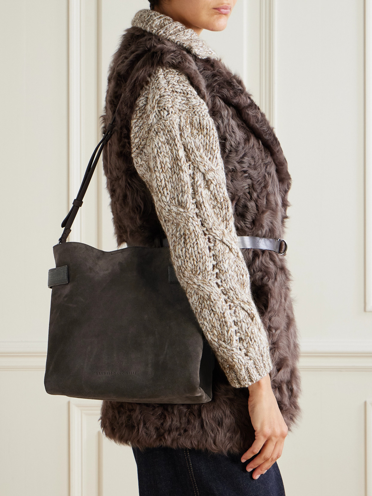Brunello Cucinelli Bead-embellished Suede Shoulder Bag In Brown