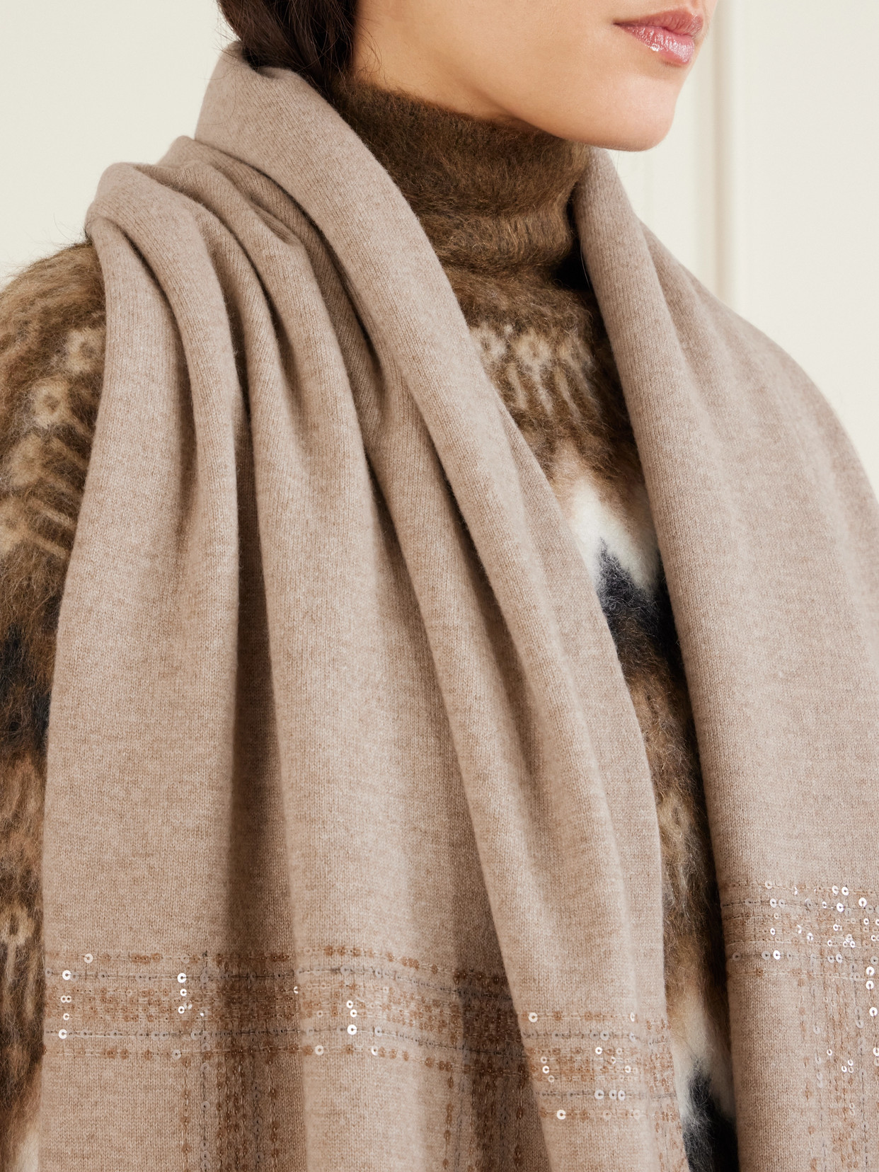 Brunello Cucinelli Sequined Checked Wool, Cashmere And Silk-blend Scarf In Brown