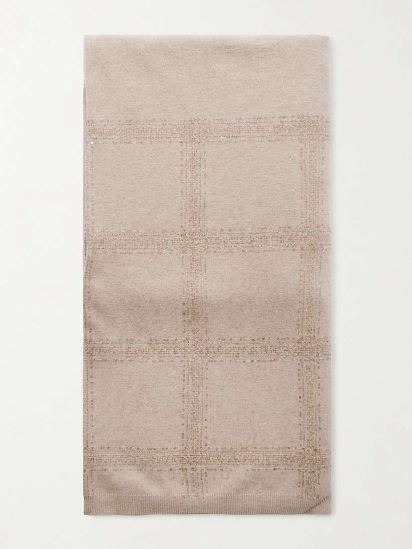 Brunello Cucinelli Sequined Checked Wool, Cashmere And Silk-blend Scarf