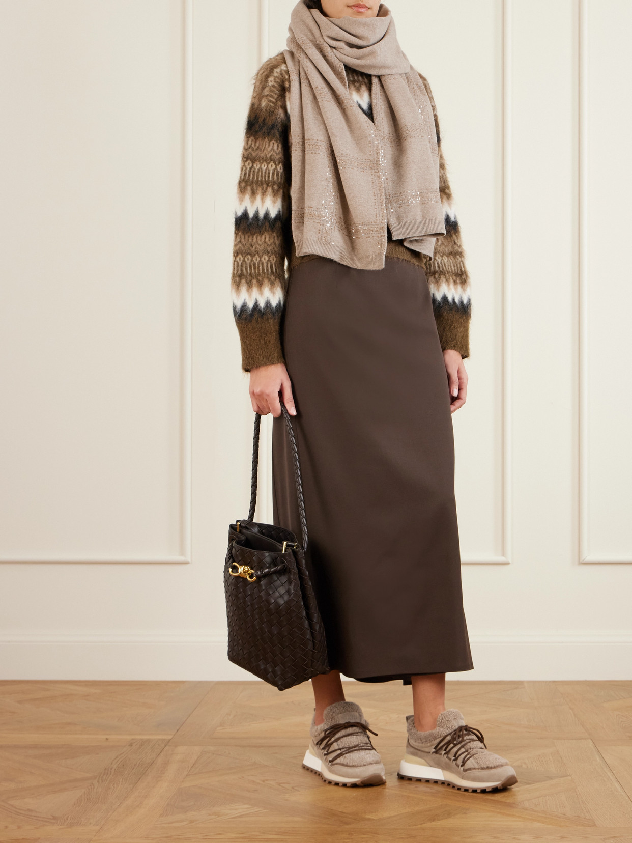 Brunello Cucinelli Sequined Checked Wool, Cashmere And Silk-blend Scarf In Brown