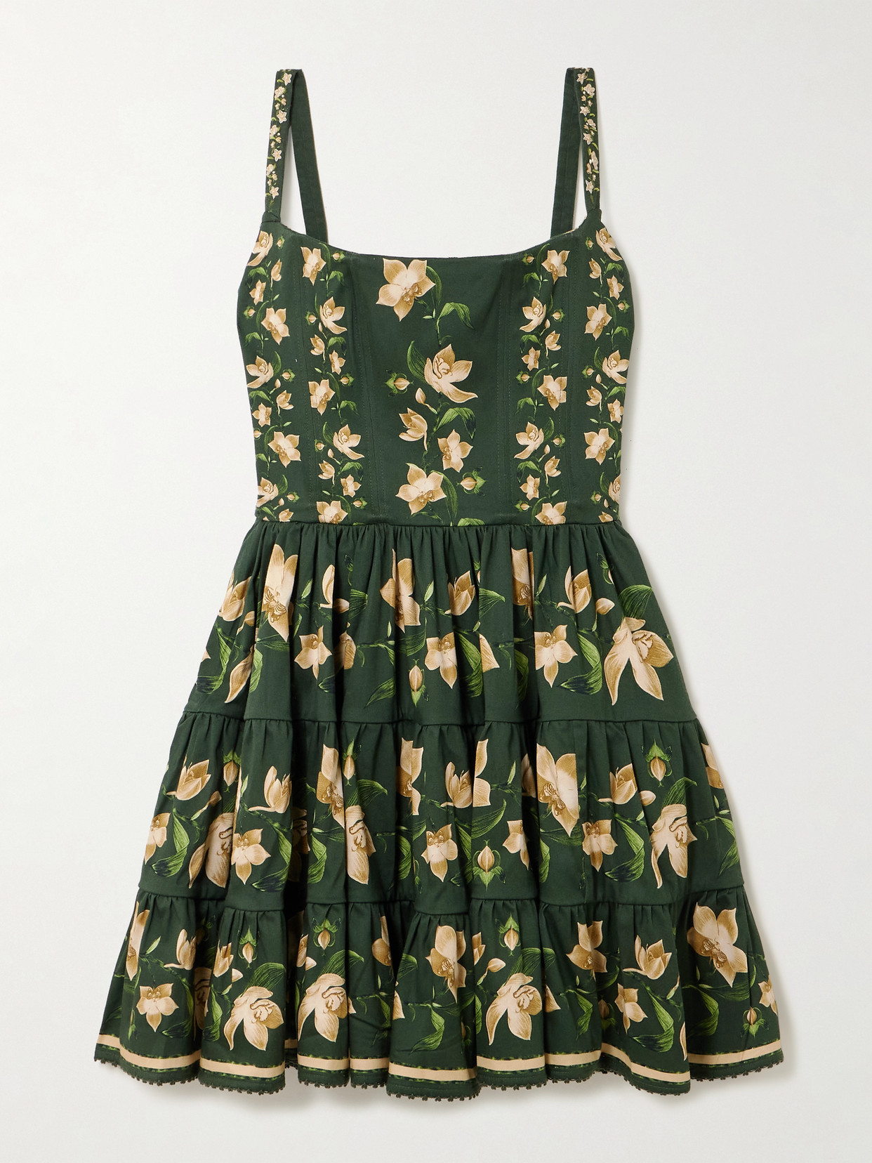 Agua By Agua Bendita Granadilla Tiered Floral-print Cotton-blend Mini Dress In Green