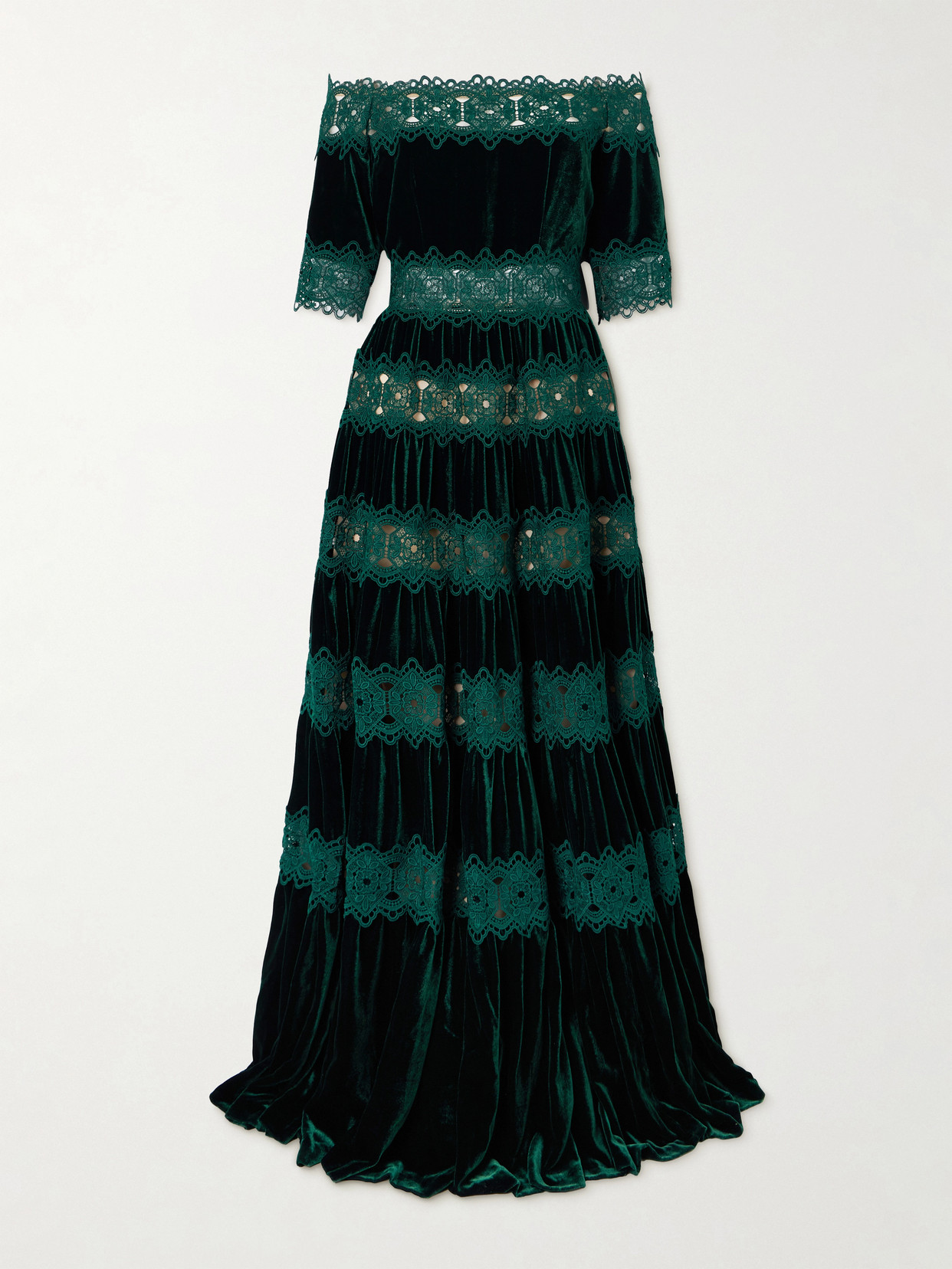 Costarellos Off-the-shoulder Striped Lace And Velvet Gown In Green