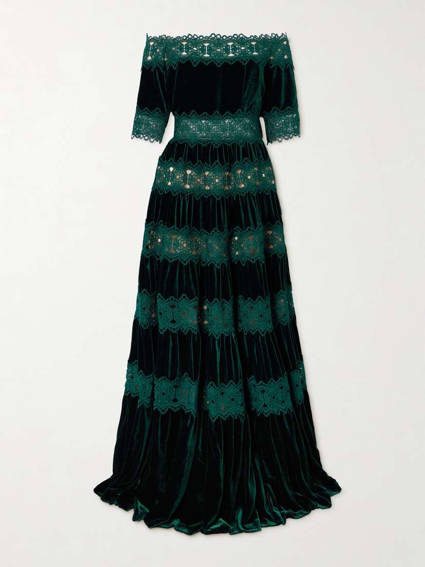 Costarellos Off-the-shoulder Striped Lace And Velvet Gown