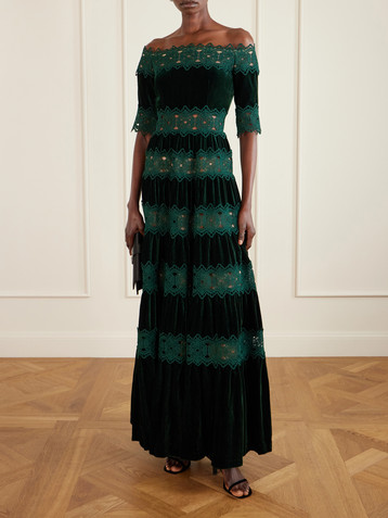 Costarellos Off-the-shoulder striped lace and velvet gown