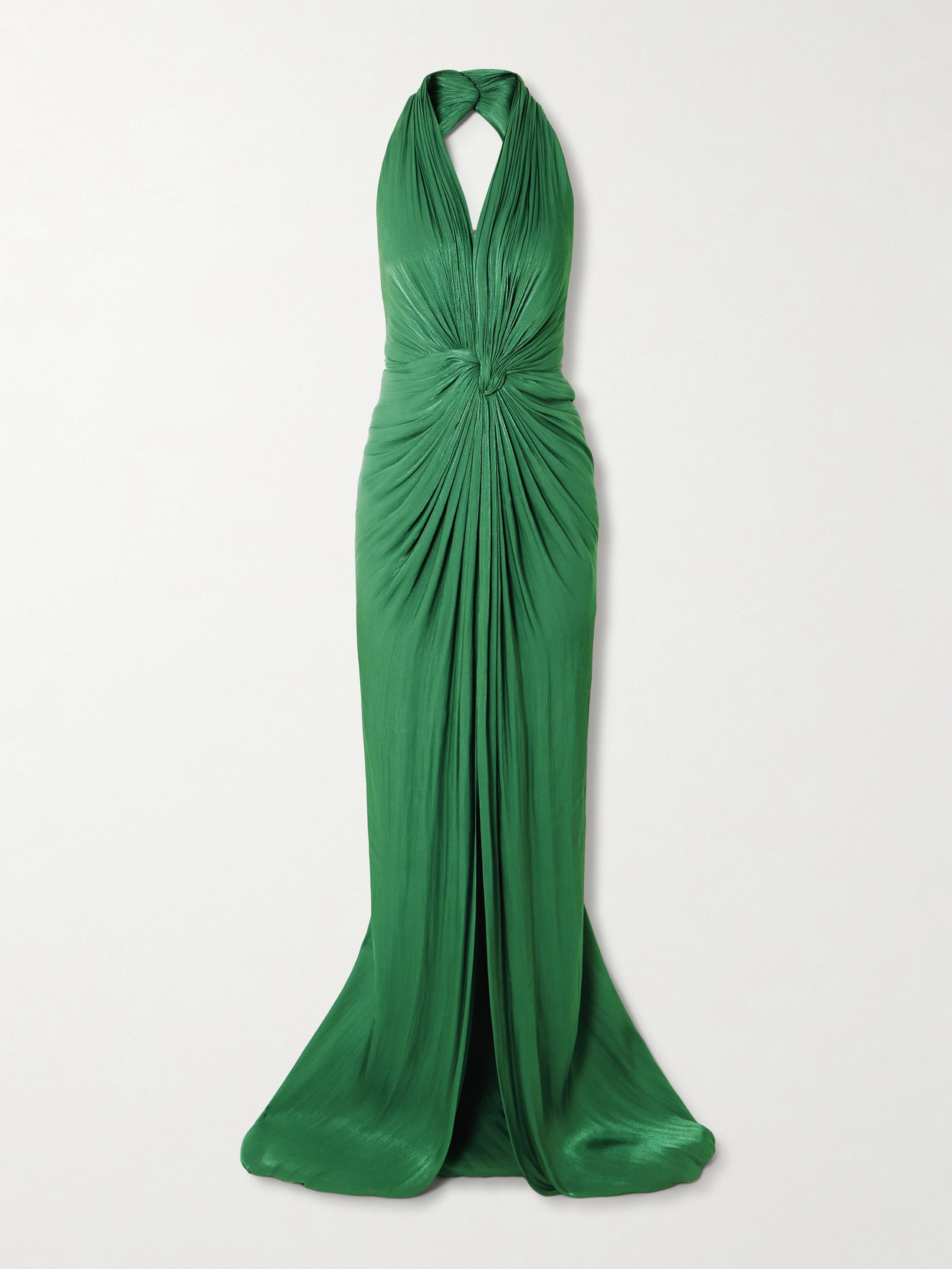 Costarellos Twist-front Metallic Georgette Halterneck Gown In Green
