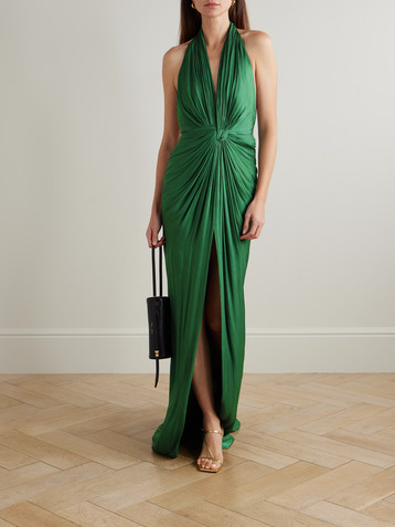 Costarellos Twist-front metallic georgette halterneck gown