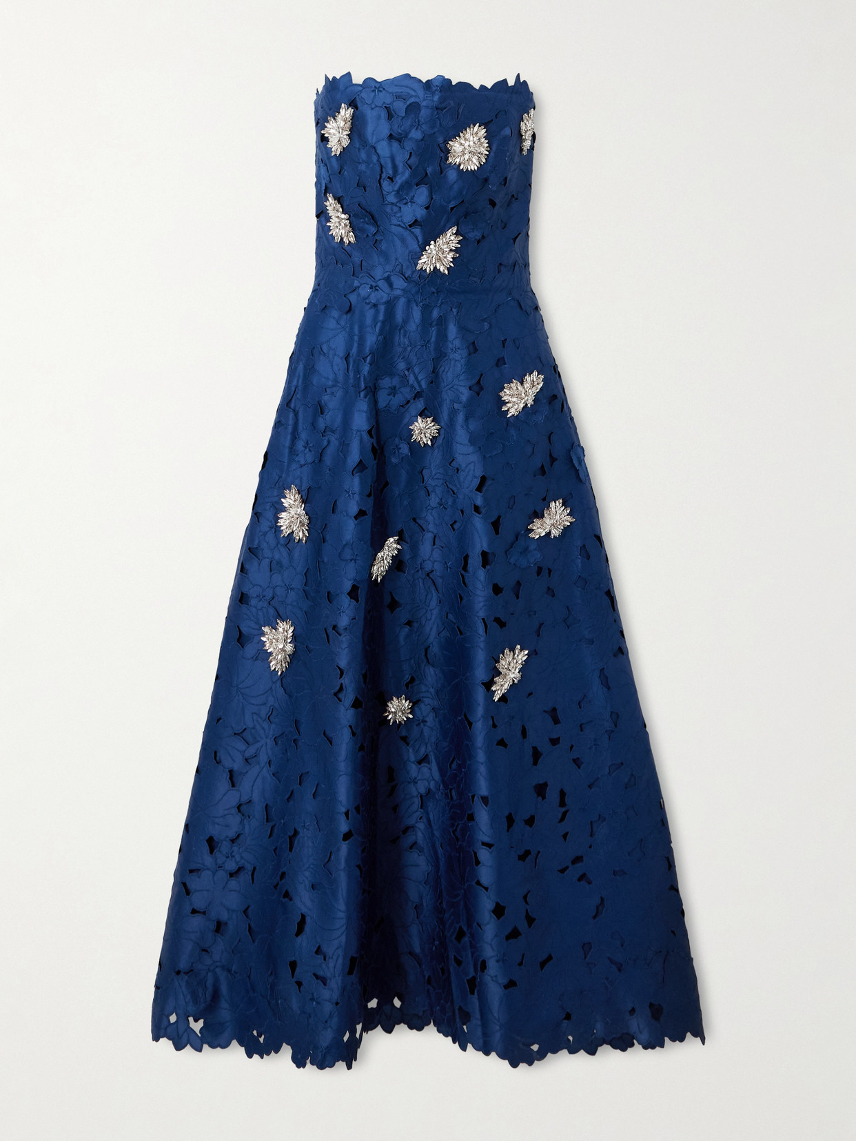 Costarellos Strapless Crystal-embellished Corded Lace Midi Dress In Blue