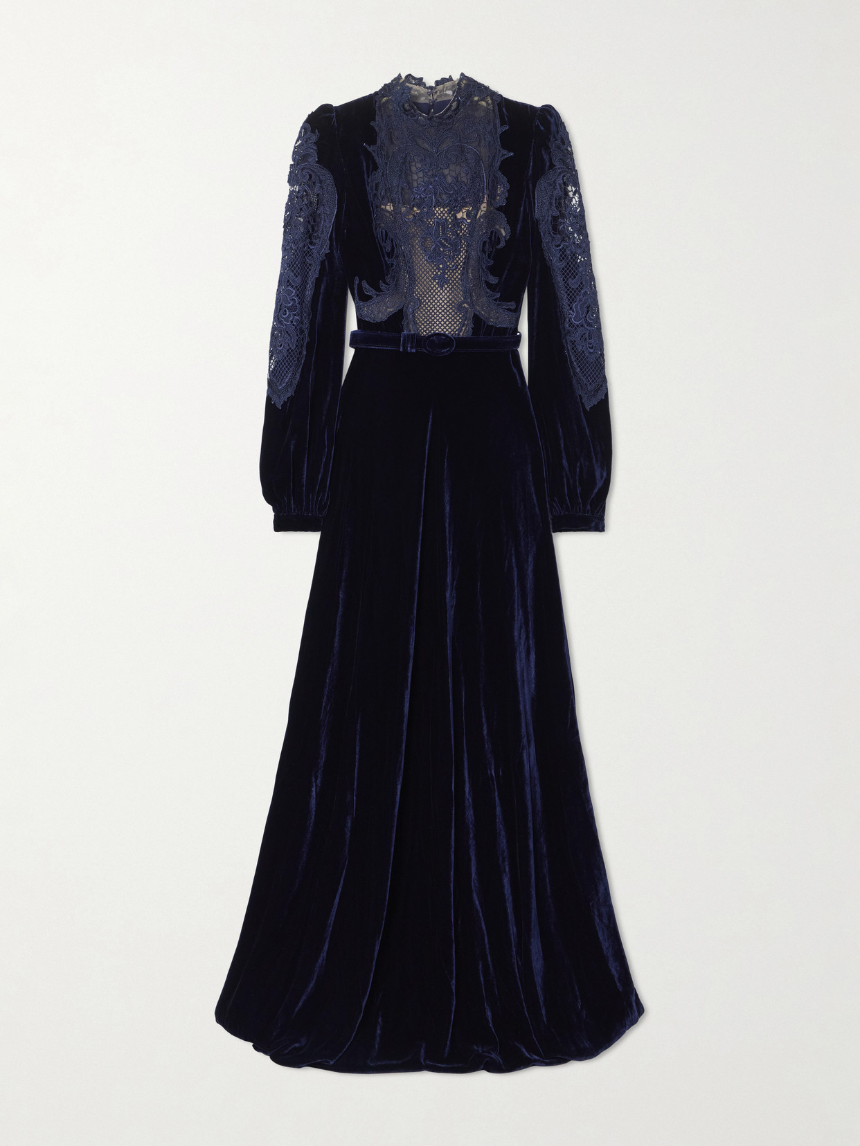 Costarellos Belted Lace-paneled Velvet Gown In Blue