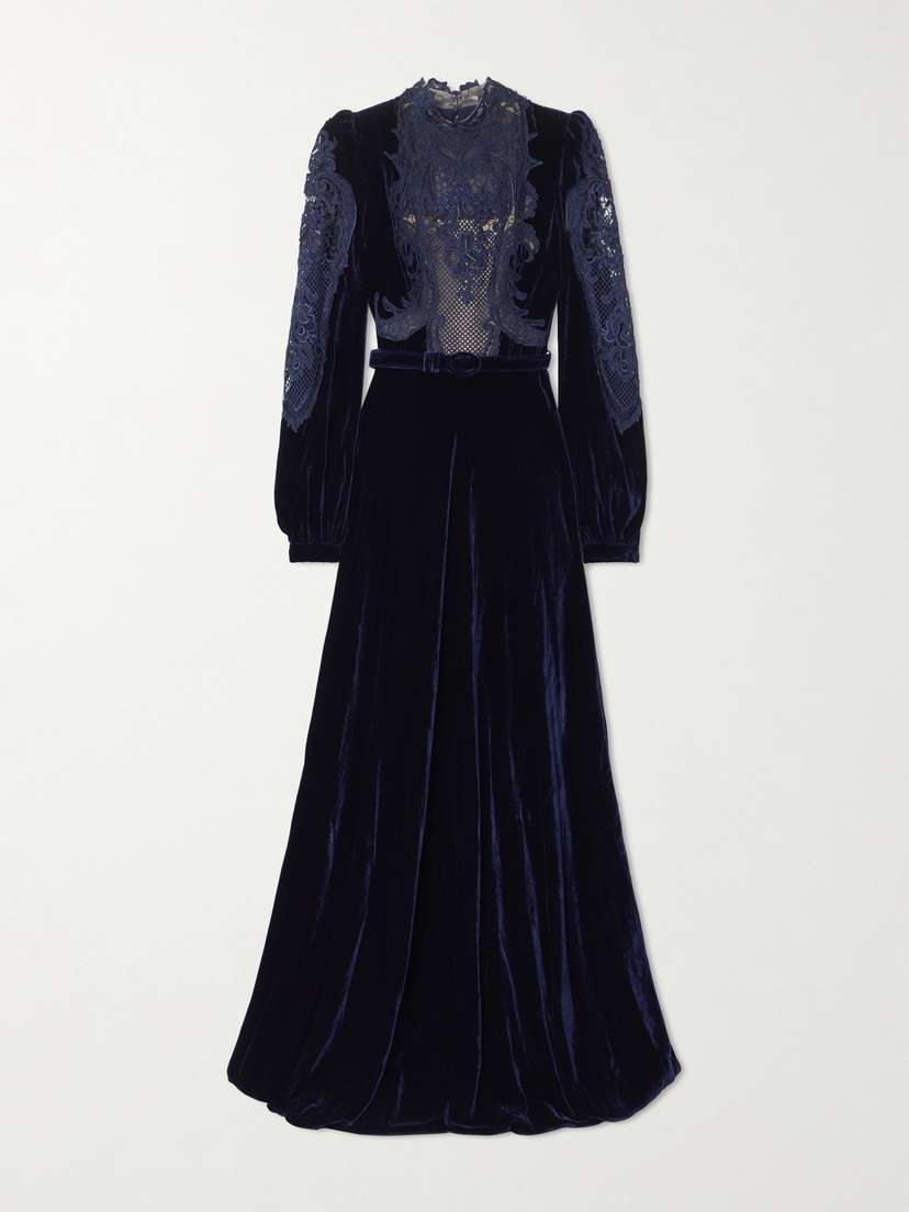 Costarellos Belted Lace-paneled Velvet Gown