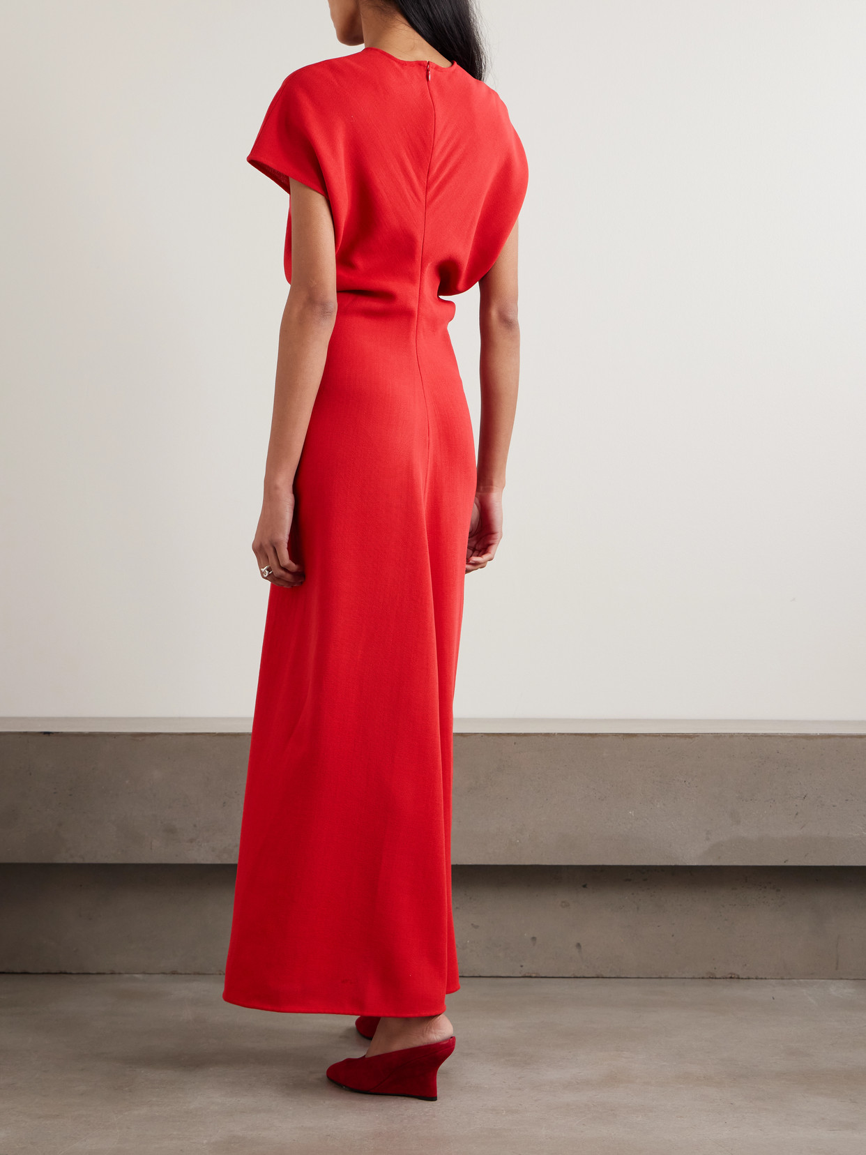 Totême Slouch Waist Gathered Wool-crepe Maxi Dress In Red
