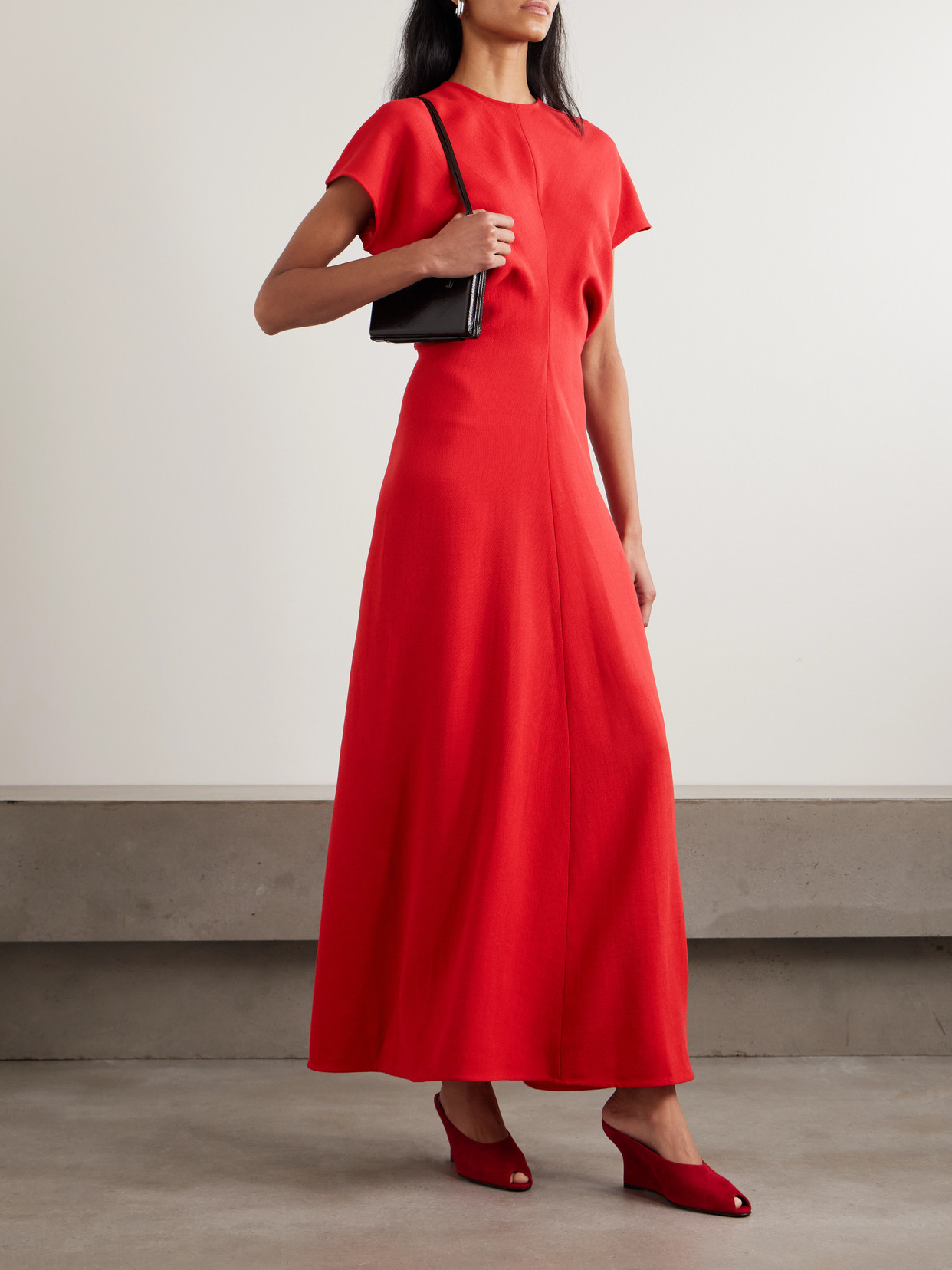 Totême Slouch Waist Gathered Wool-crepe Maxi Dress In Red