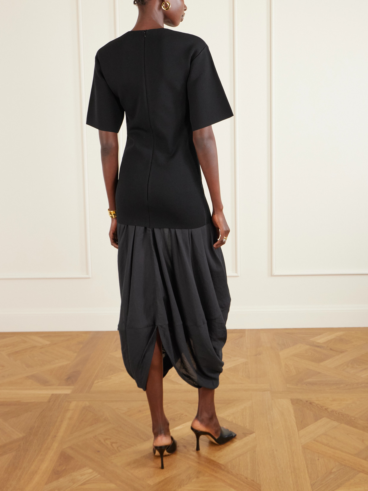 Totême Cocoon Draped Voile-paneled Knitted Midi Dress In Black