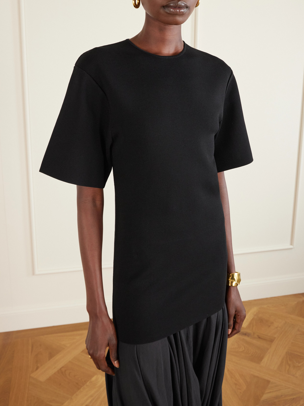 Totême Cocoon Draped Voile-paneled Knitted Midi Dress In Black