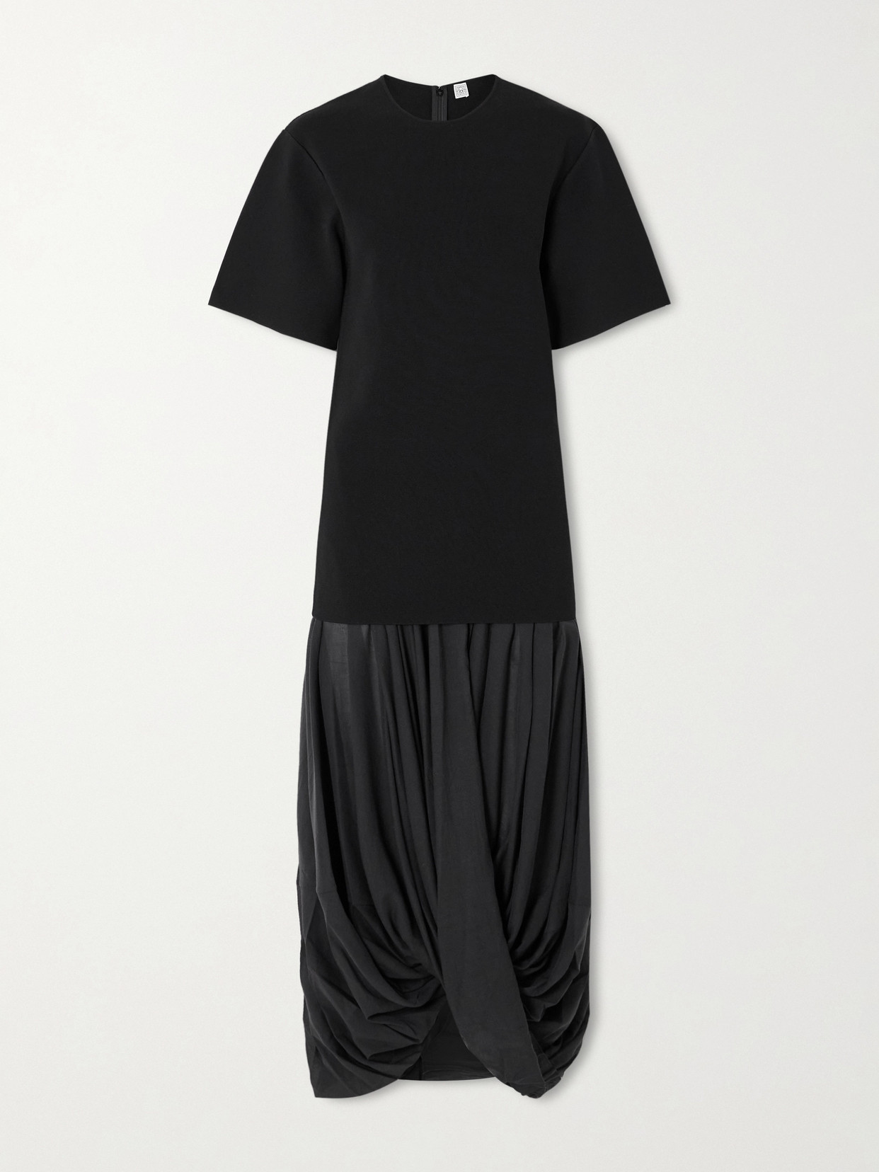 Totême Cocoon Draped Voile-paneled Knitted Midi Dress In Black