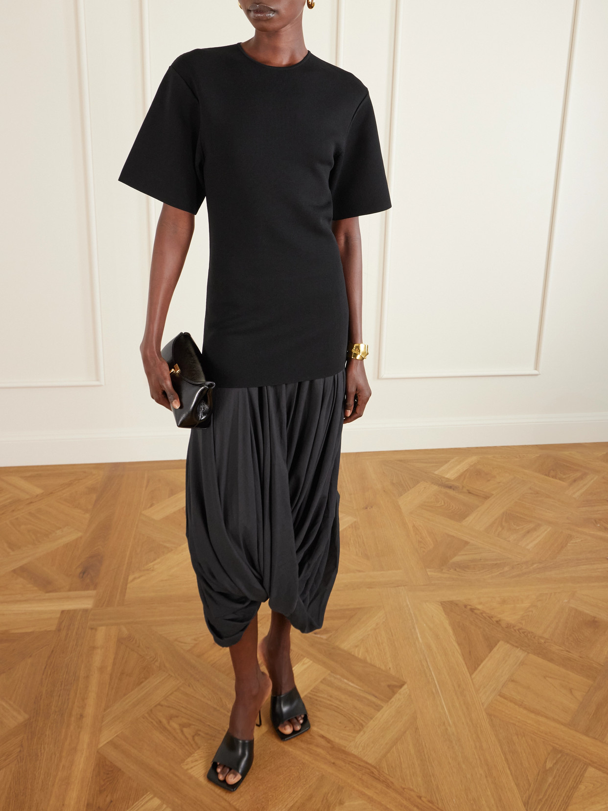 Totême Cocoon Draped Voile-paneled Knitted Midi Dress In Black