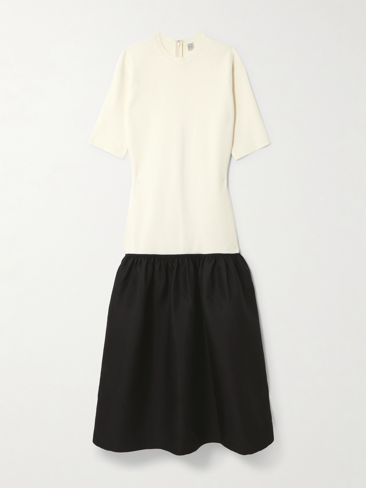 Totême Twinflower Gathered Ribbed-knit And Wool And Silk-blend Crepe Midi Dress In White