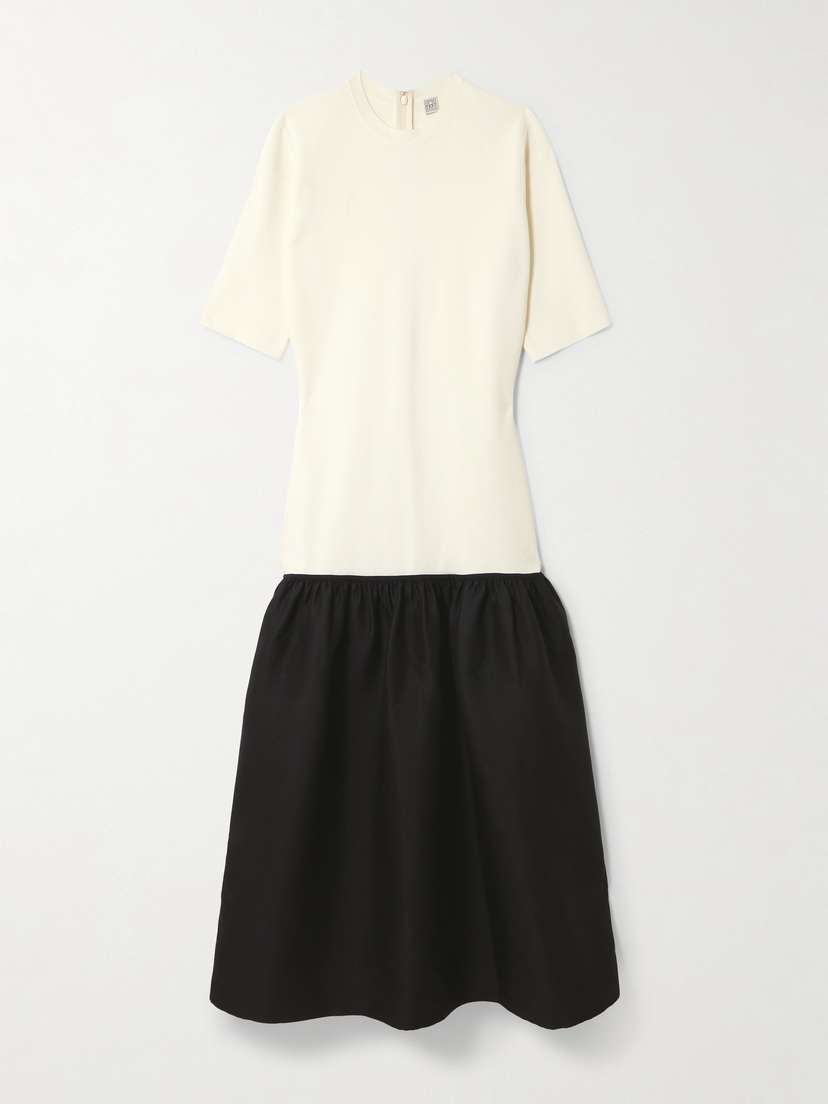 Twinflower Gathered Ribbed-knit And Wool And Silk-blend Crepe Midi Dress