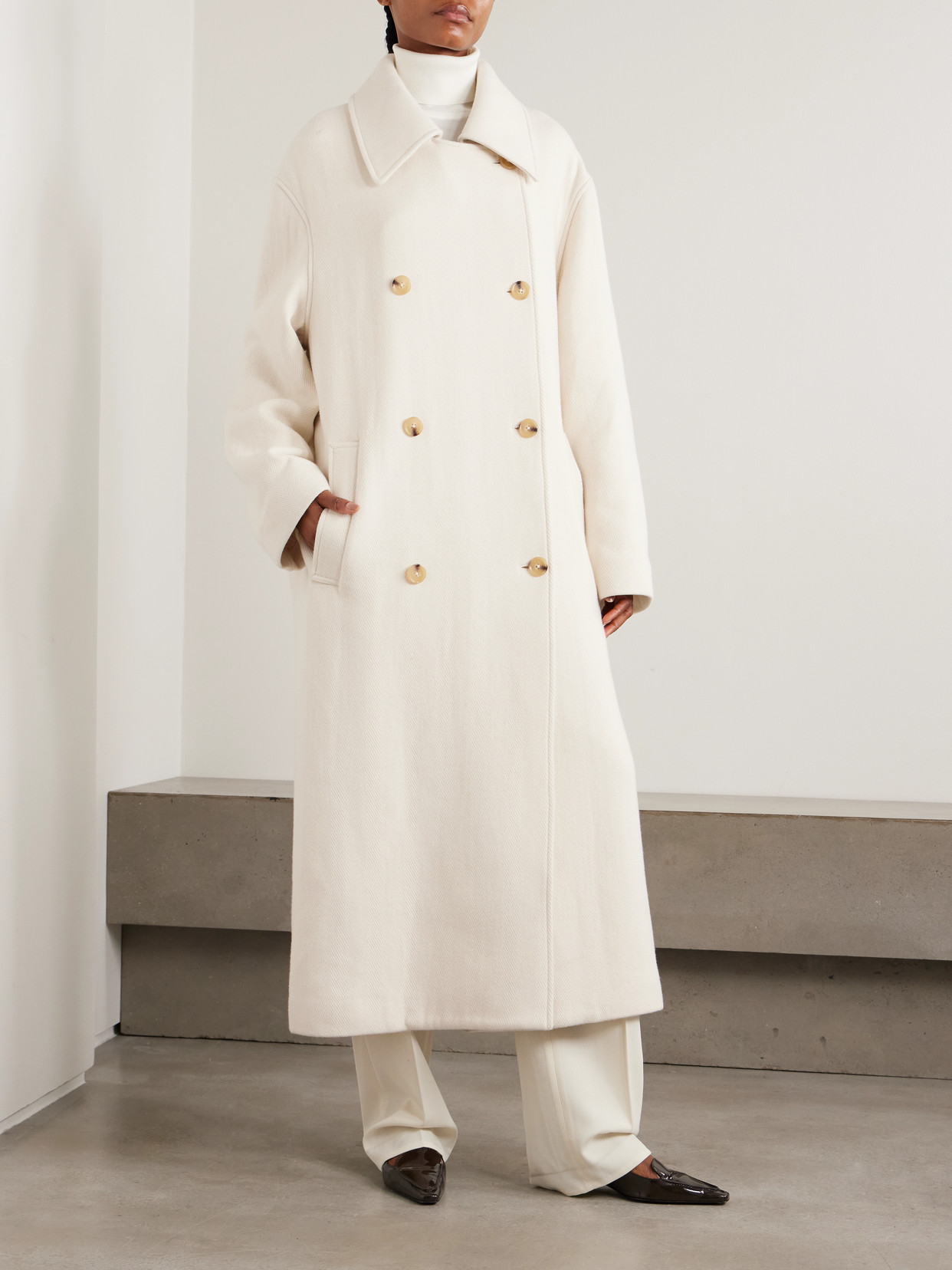 Totême Shield Oversized Double-breasted Wool-blend Coat In White