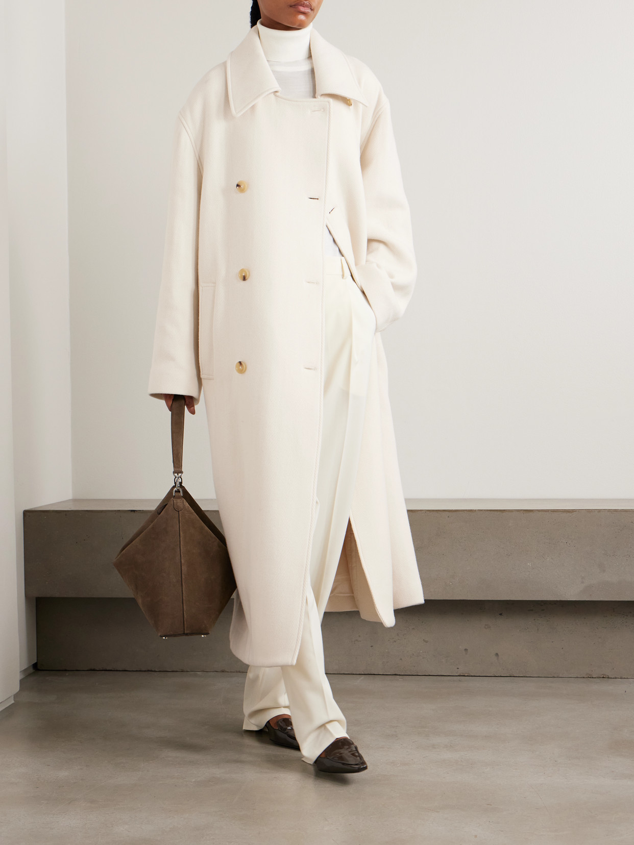 Totême Shield Oversized Double-breasted Wool-blend Coat In White
