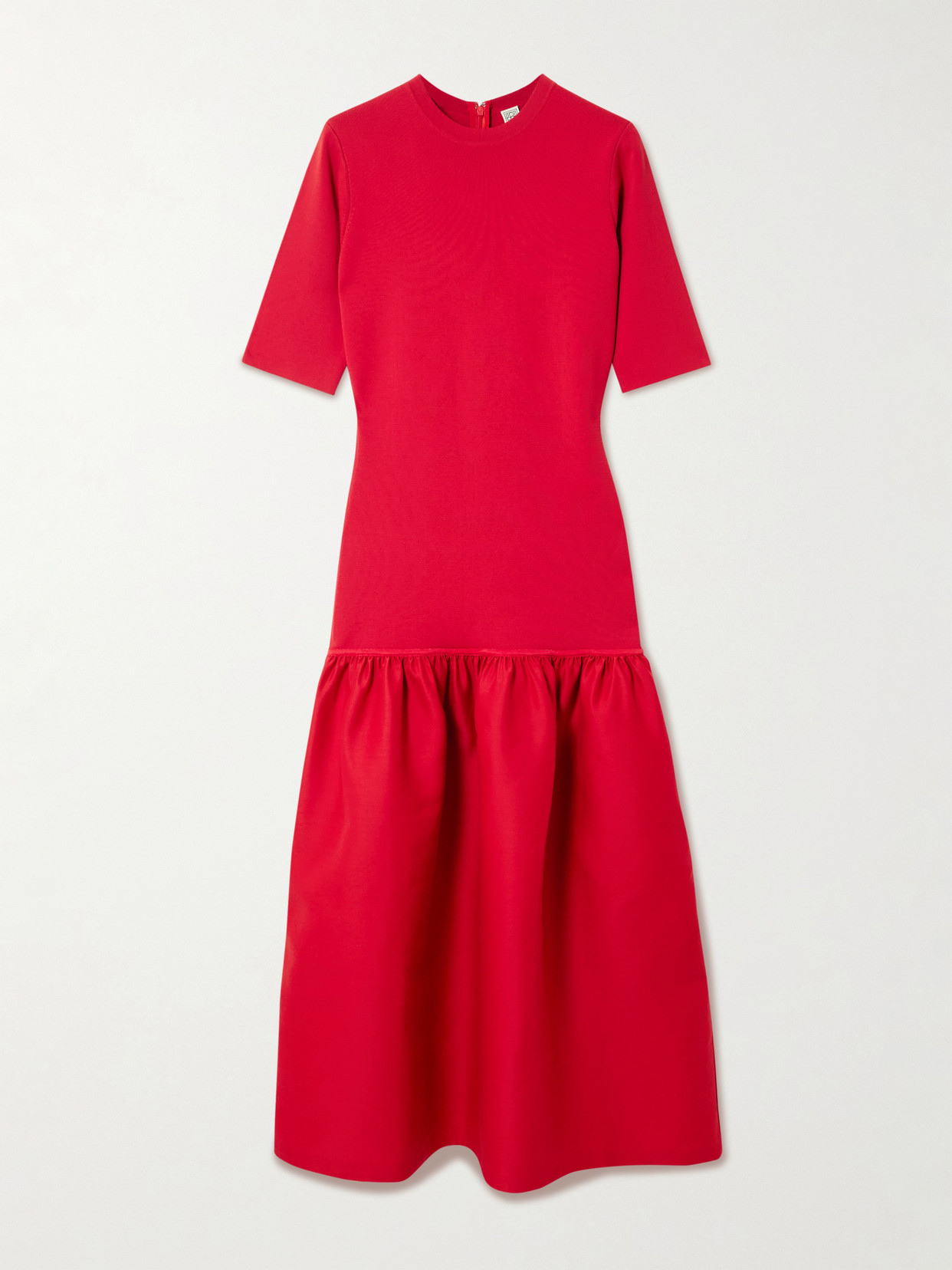 Totême Twinflower Gathered Ribbed-knit And Wool And Silk-blend Crepe Midi Dress In Red