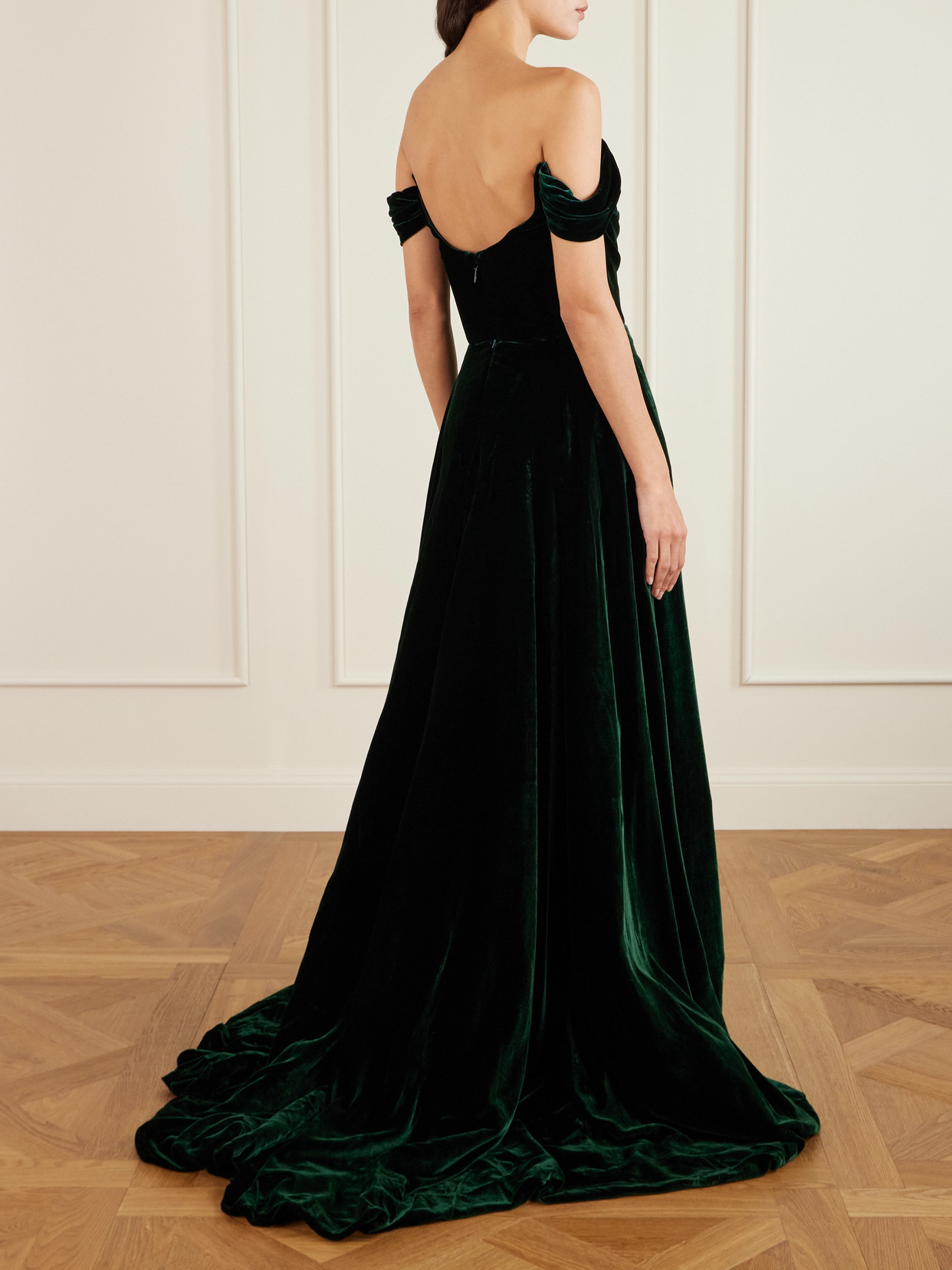 Costarellos Off-the-shoulder Asymmetric Velvet Gown In Green
