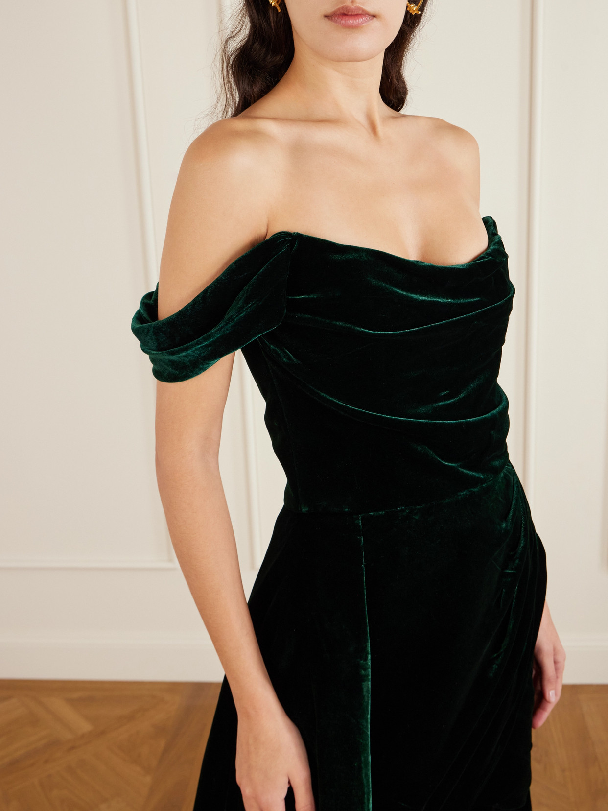 Costarellos Off-the-shoulder Asymmetric Velvet Gown In Green