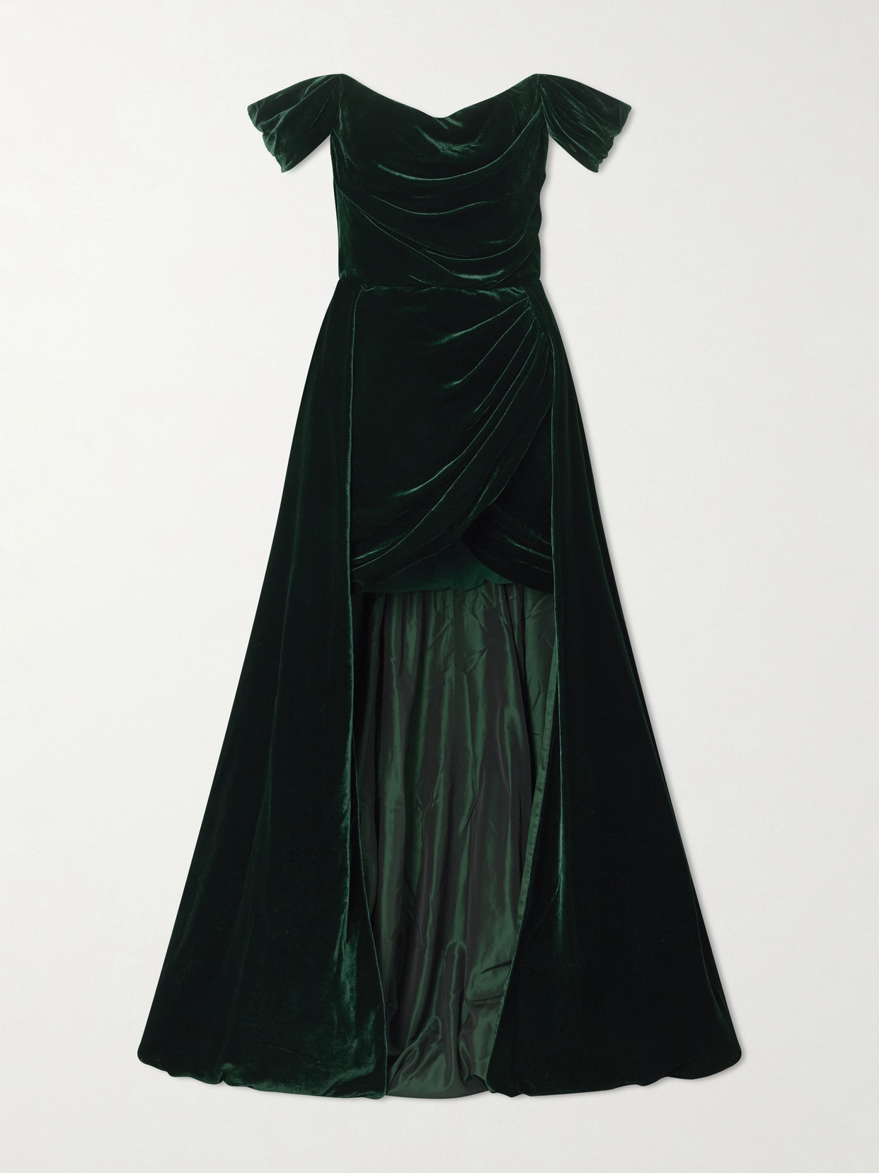 Costarellos Off-the-shoulder Asymmetric Velvet Gown In Green