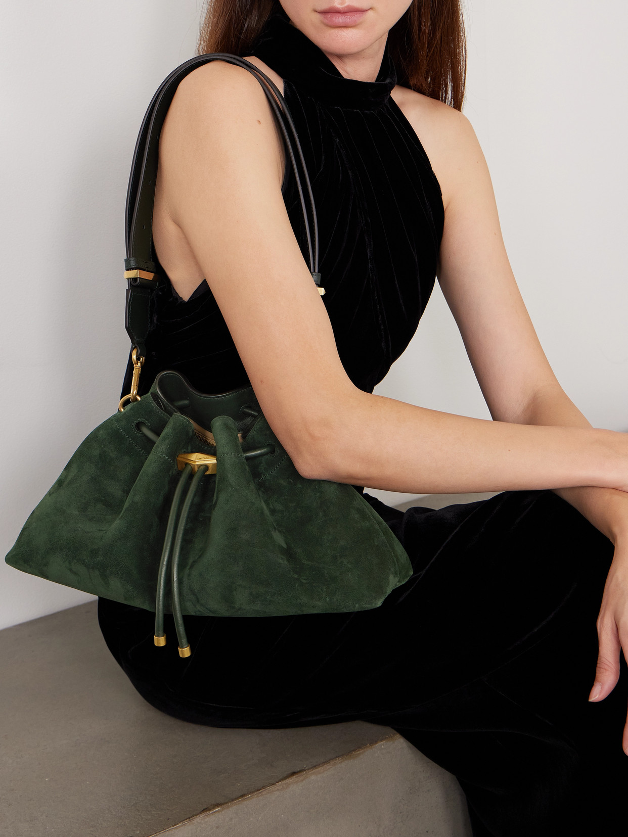 Jimmy Choo Cinch Medium Leather-trimmed Suede Shoulder Bag In Green