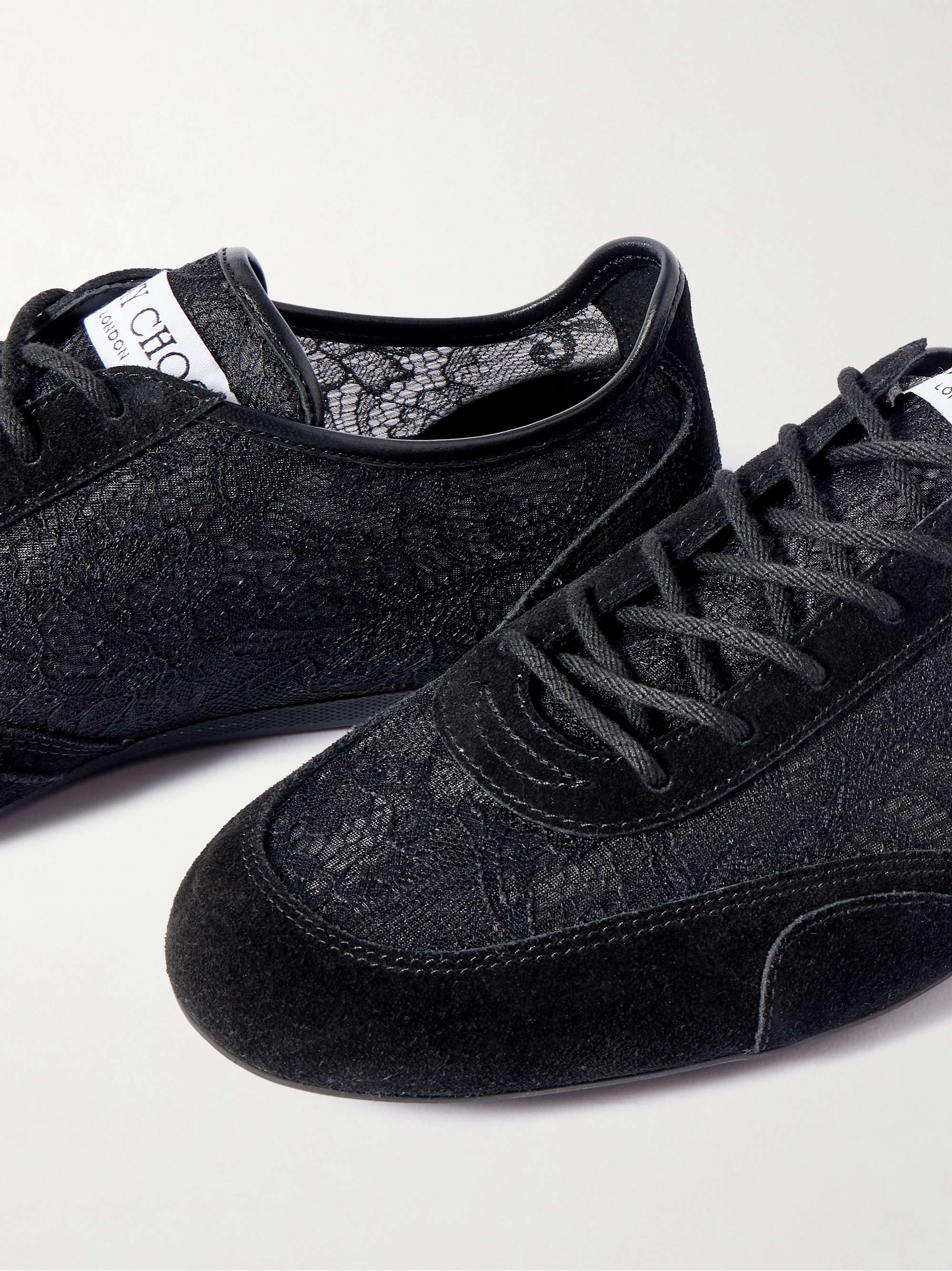 JIMMY CHOO Sunny leather-trimmed suede and lace sneakers | NET-A