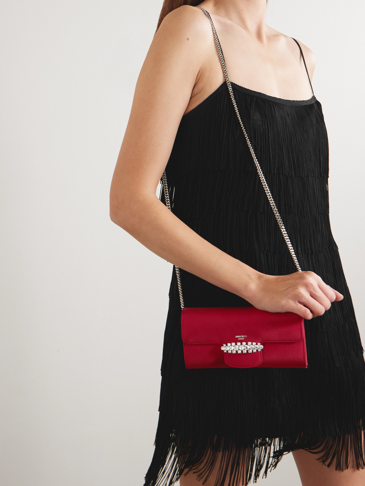 Jimmy Choo Bing Crystal-embellished Satin Clutch In Red