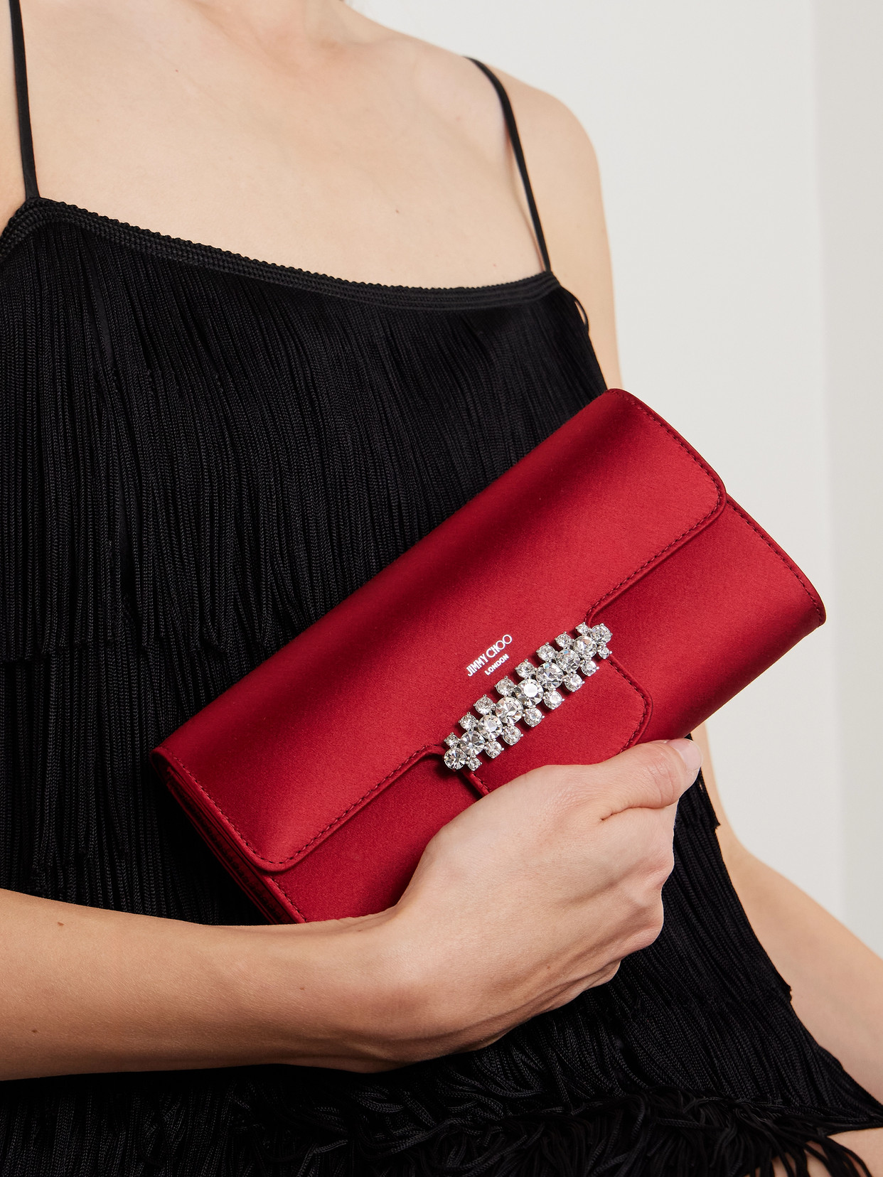 Jimmy Choo Bing Crystal-embellished Satin Clutch In Red