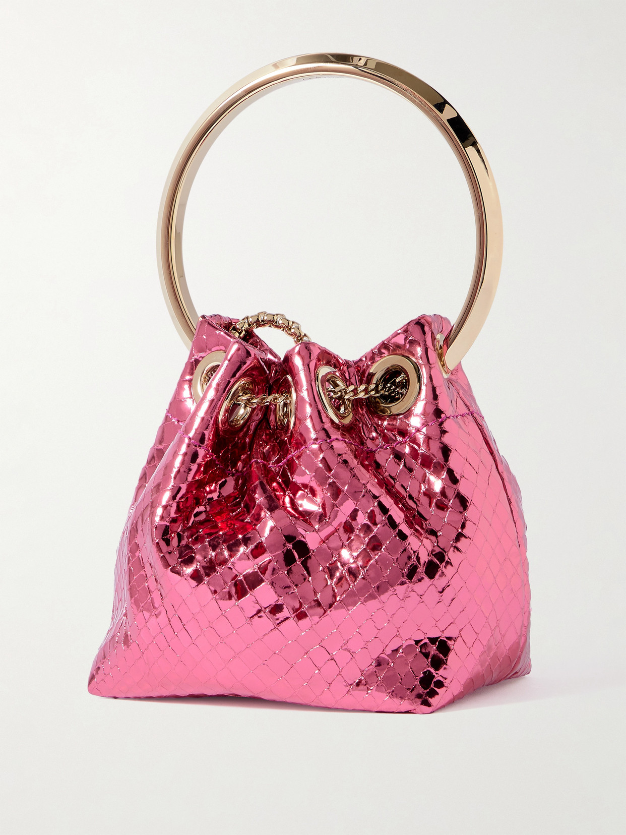 Jimmy Choo Bon Bon Micro Metallic Textured-leather Bucket Bag In Pink