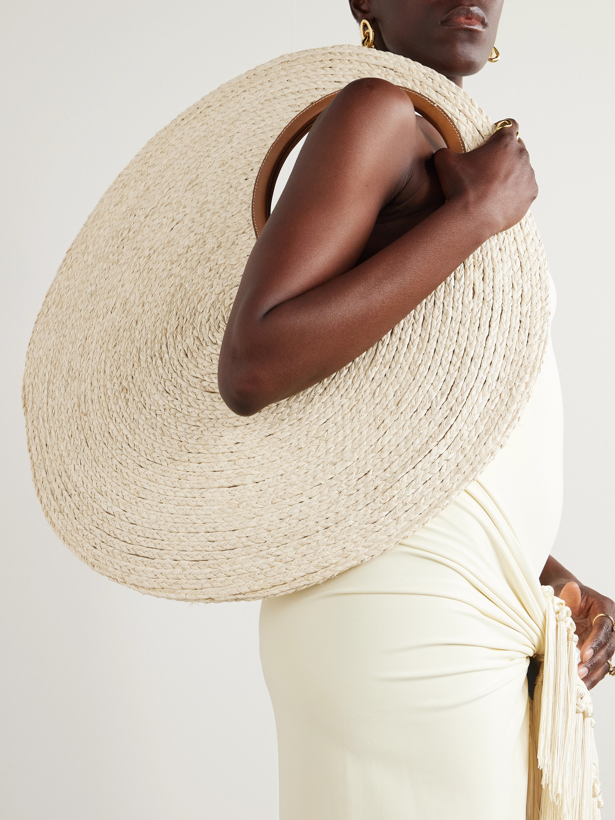 Cult Gaia Amun Large Leather-trimmed Raffia Shoulder Bag In White