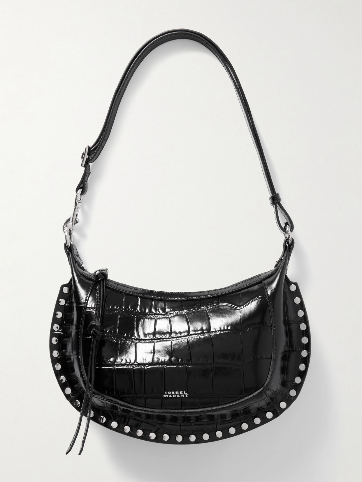 Isabel Marant Oskan Moon Studded Croc-effect Patent-leather Shoulder Bag In Black