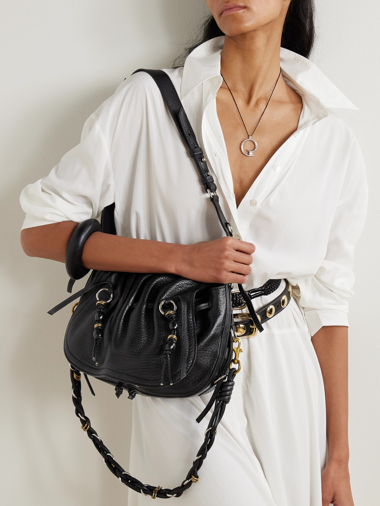 Isabel Marant Bolton Embellished Tasseled Textured-leather Shoulder Bag In Black