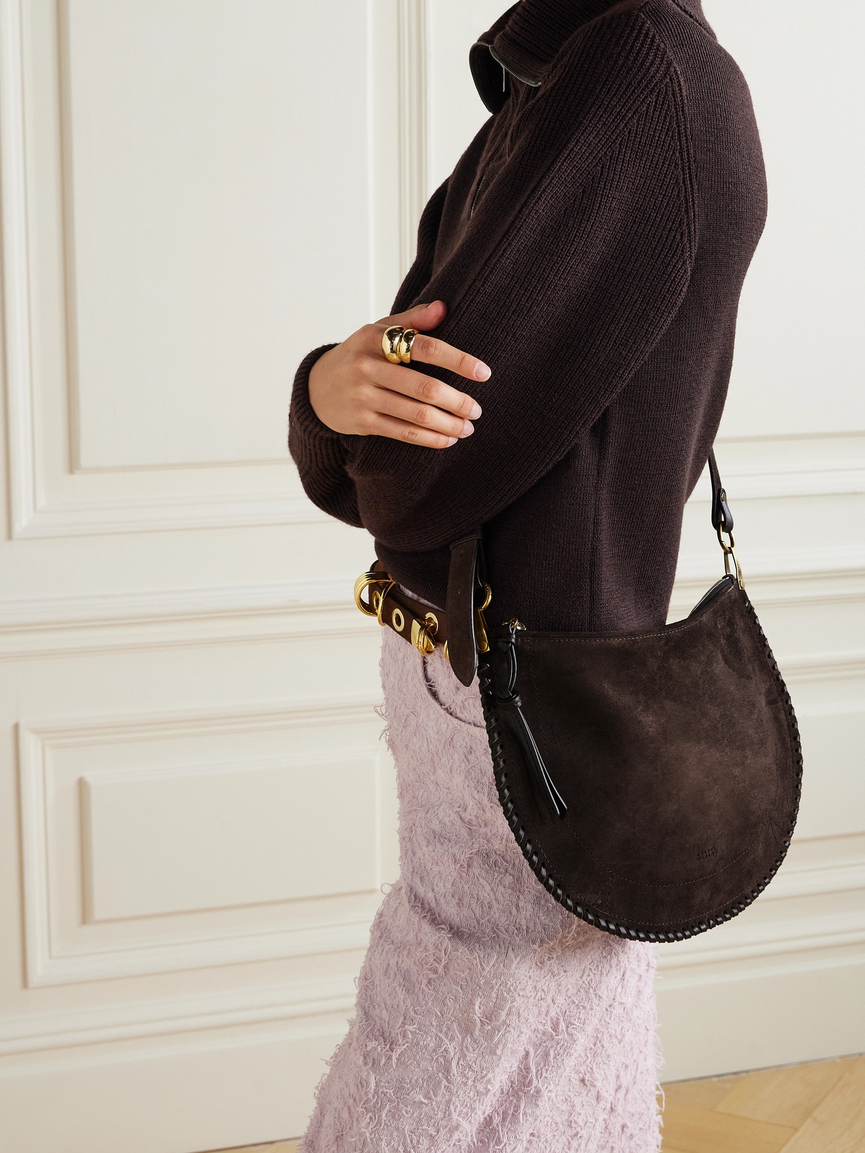Isabel Marant Oskan Soft Zipped Leather-trimmed Suede Shoulder Bag In Brown