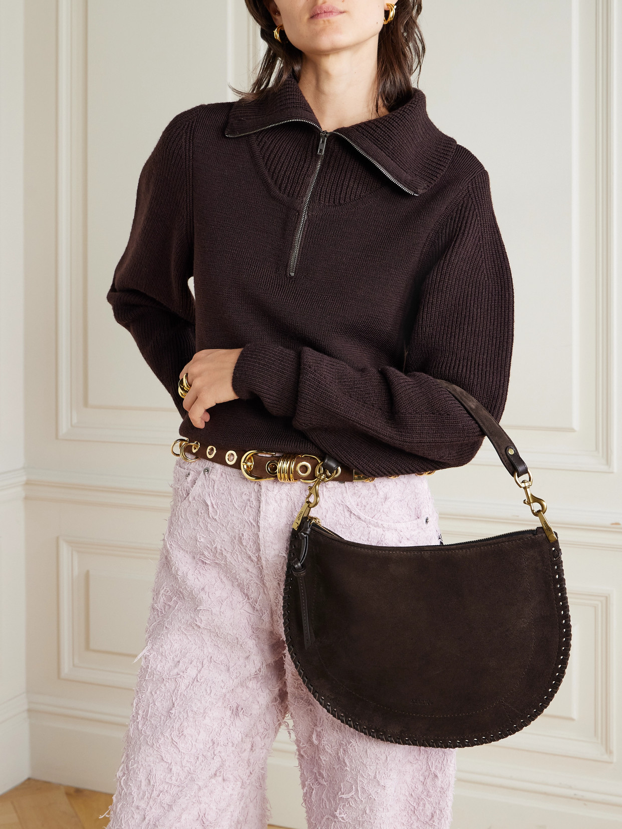 Isabel Marant Oskan Soft Zipped Leather-trimmed Suede Shoulder Bag In Brown
