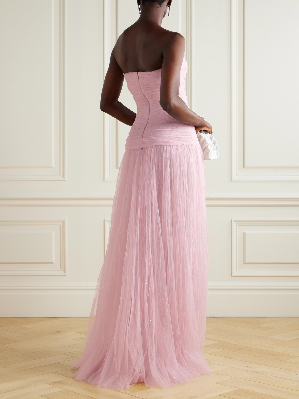 Marmar Halim Strapless Bead-embellished Plissé-tulle Gown In Pink