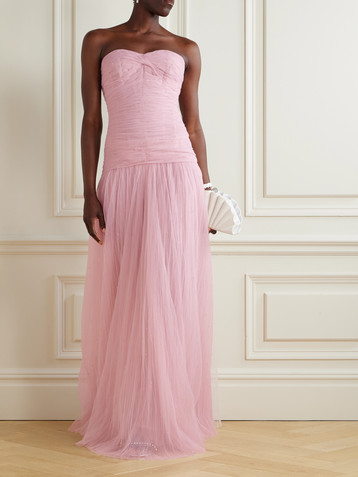 MARMAR HALIM Strapless bead-embellished plissé-tulle gown