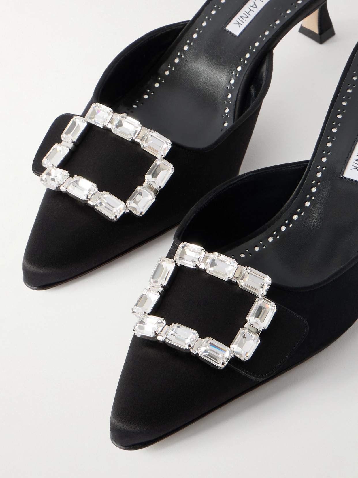 Manolo Blahnik Mayjou 50 Crystal-embellished Satin Mules In Black