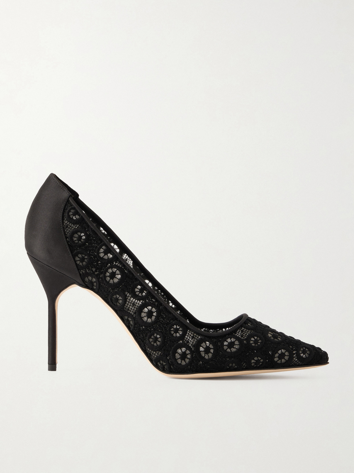 Manolo Blahnik Bb 90 Satin-trimmed Lace Pumps In Black