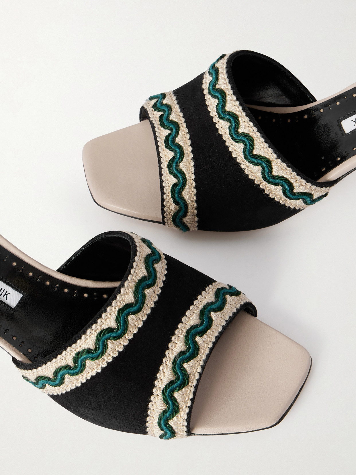 Manolo Blahnik Marebis 50 Embroidered Raffia-trimmed Suede Mules In Black