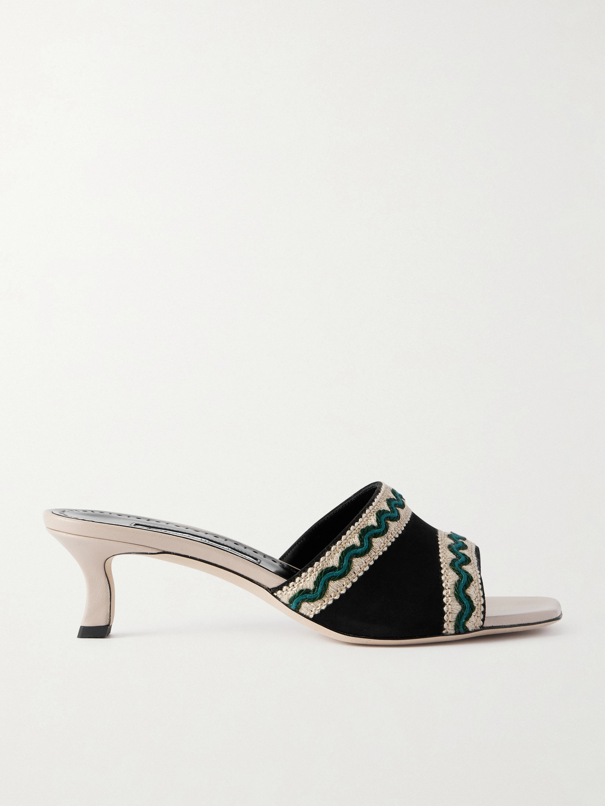 Manolo Blahnik Marebis 50 Embroidered Raffia-trimmed Suede Mules In Black