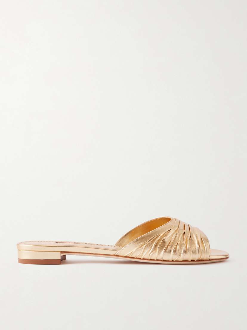 Manolo Blahnik Parua Pleated Metallic Leather Slides