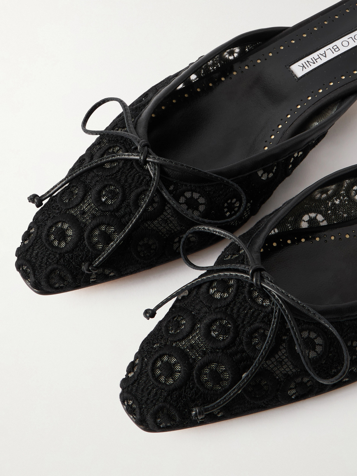 Ballerimu Bow-Detailed Leather-Trimmed Lace Flats