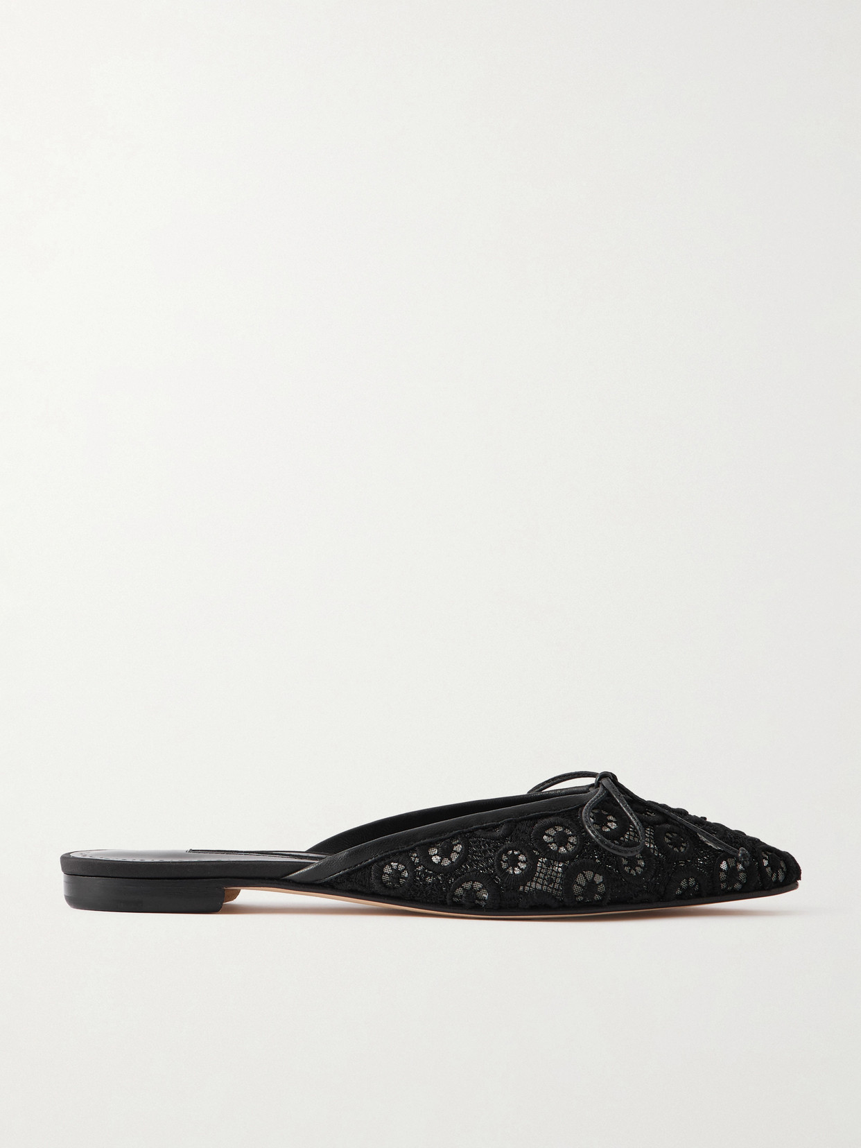 Manolo Blahnik Ballerimu Bow-detailed Leather-trimmed Lace Flats In Black