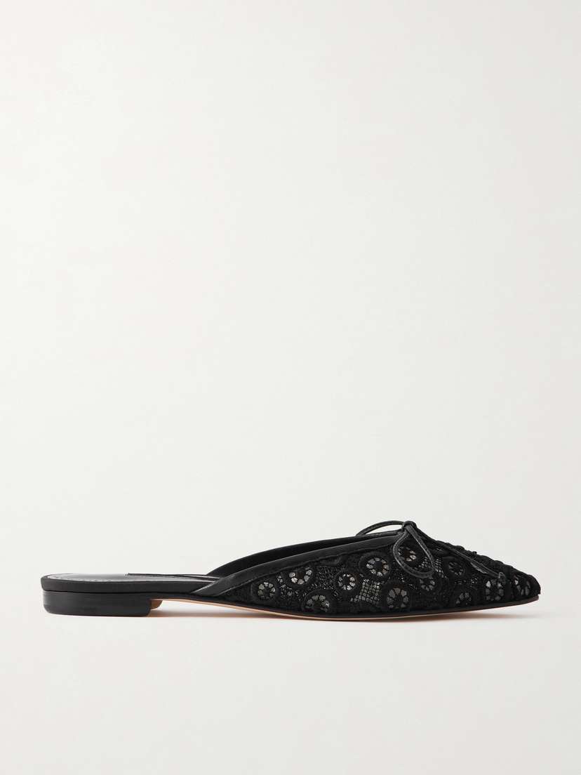 Manolo Blahnik Ballerimu Bow-detailed Leather-trimmed Lace Flats