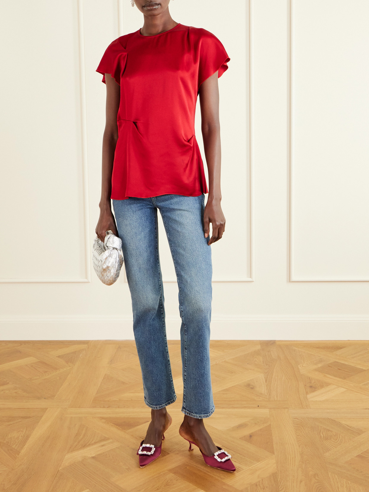 Manolo Blahnik Mayjou 50 Crystal-embellished Satin Mules In Red