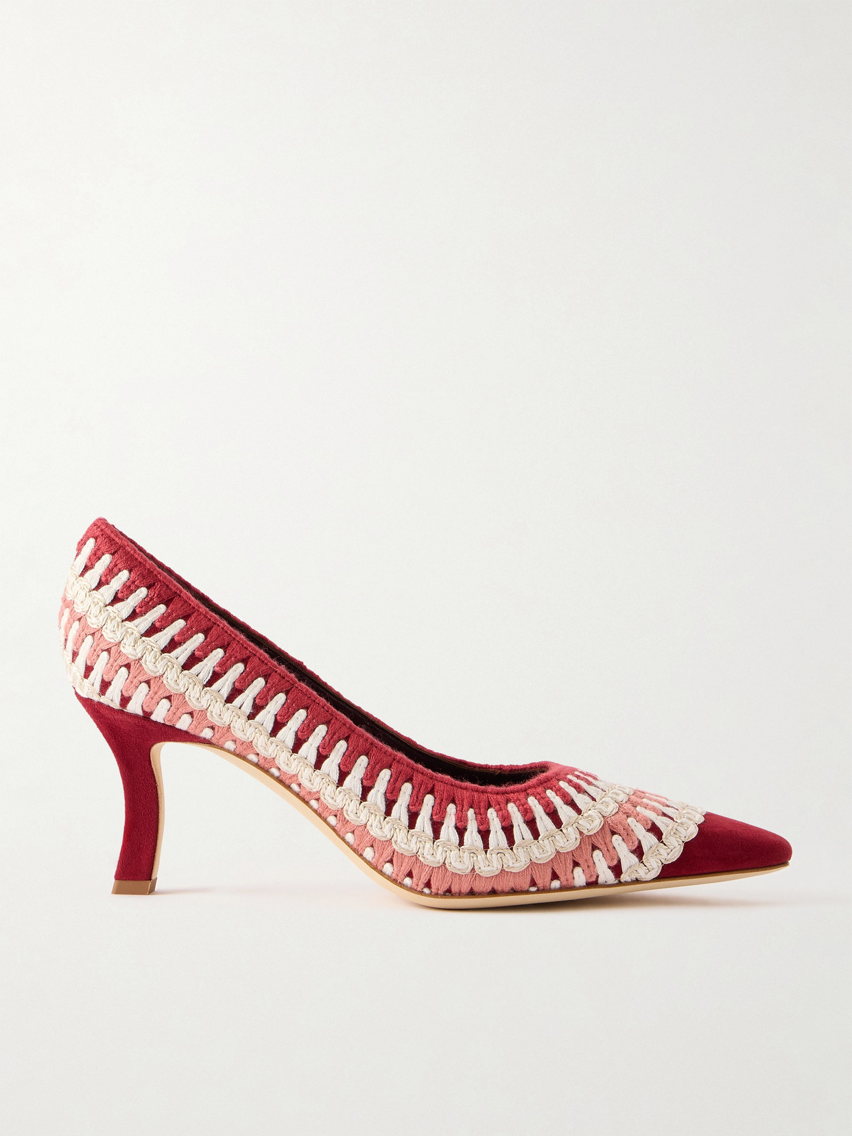 Manolo Blahnik Ombohi 70 Raffia-trimmed Crocheted Pumps In Red