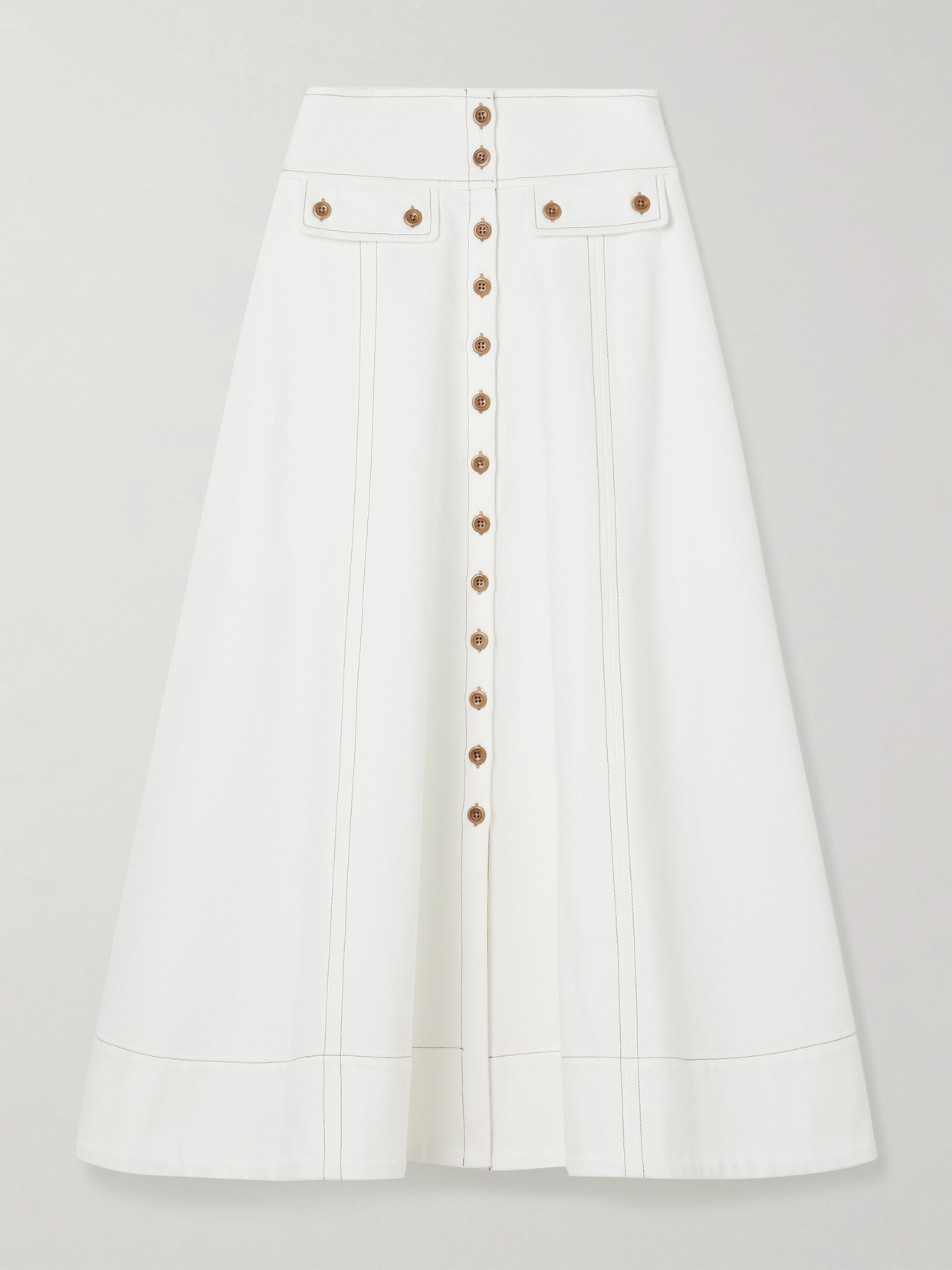 Maison Mayle Carlyne Paneled Denim Midi Skirt In White